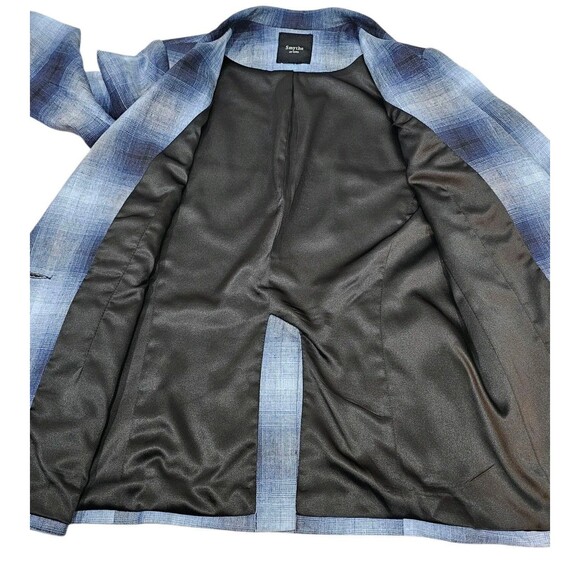 Smythe Blazer 100% Linen Shadow Plaid Tartan Blue Black Half Sleeve Pockets - Picture 5 of 16